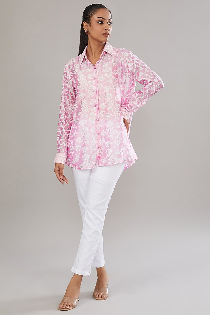 Pink Kora Silk Block Printed & Hand Embroidered Shirt by Prisha's at Pernia's Pop Up Shop