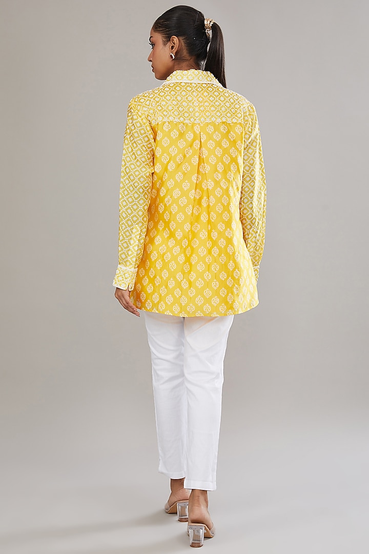 Yellow Kora Silk Block Printed & Hand Embroidered Shirt by Prisha's at Pernia's Pop Up Shop