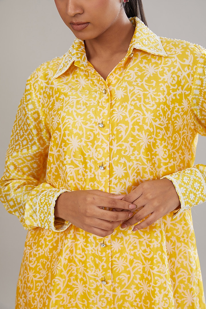 Yellow Kora Silk Block Printed & Hand Embroidered Shirt by Prisha's at Pernia's Pop Up Shop