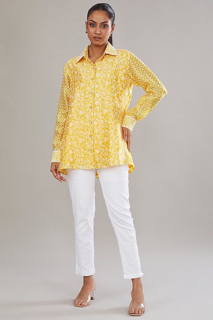 Yellow Kora Silk Block Printed & Hand Embroidered Shirt by Prisha's at Pernia's Pop Up Shop