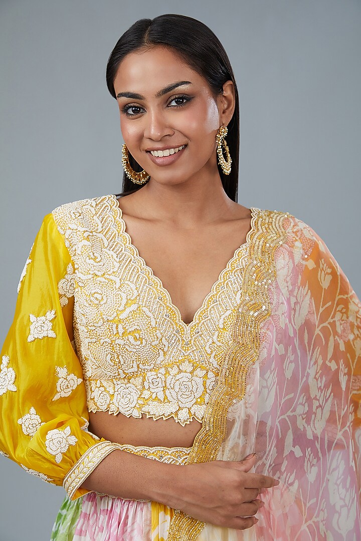 Multi-Colored Kora Silk Paisley Printed Wedding Lehenga Set by Prisha's at Pernia's Pop Up Shop