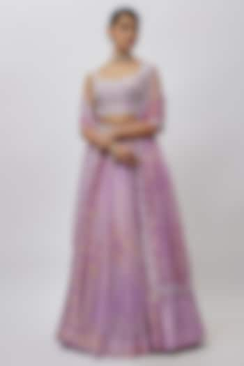 Lilac Kora Silk Bandhani Block Printed Wedding Lehenga Set by Prisha's at Pernia's Pop Up Shop