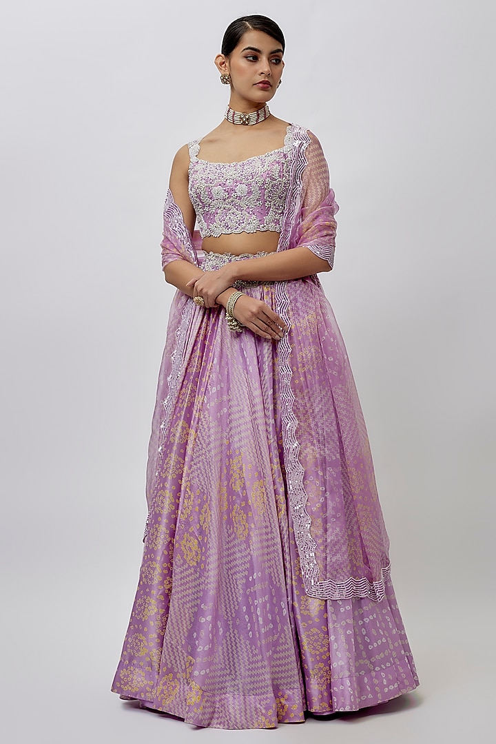 Lilac Kora Silk Bandhani Block Printed Wedding Lehenga Set by Prisha's at Pernia's Pop Up Shop