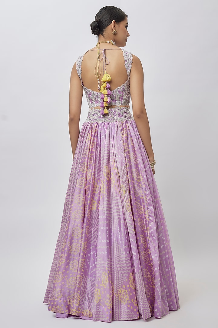 Lilac Kora Silk Bandhani Block Printed Wedding Lehenga Set by Prisha's at Pernia's Pop Up Shop