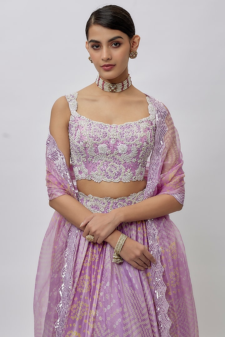 Lilac Kora Silk Bandhani Block Printed Wedding Lehenga Set by Prisha's at Pernia's Pop Up Shop