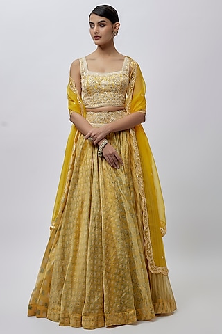 Yellow Tissue Organza Ajrakh Printed Lehenga Set by Prisha's