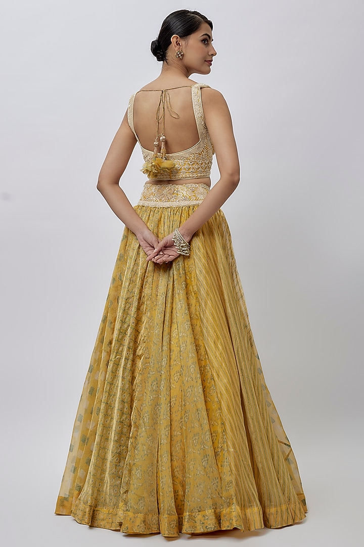 Yellow Tissue Organza Ajrakh Printed Wedding Lehenga Set by Prisha's at Pernia's Pop Up Shop