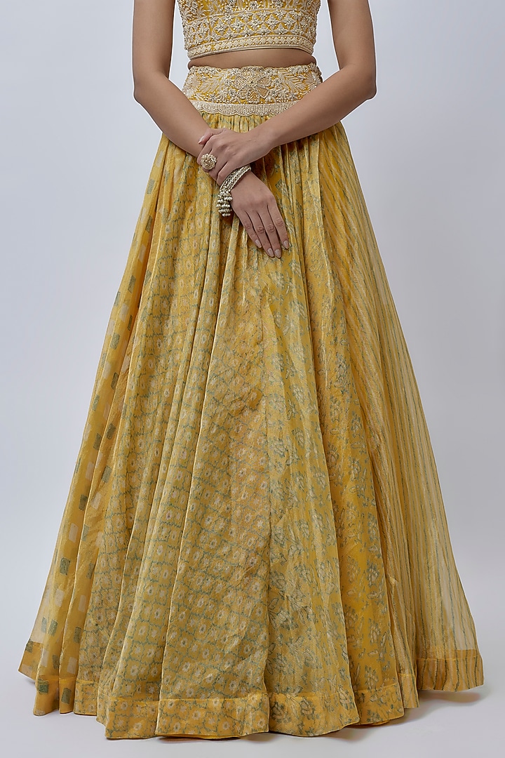 Yellow Tissue Organza Ajrakh Printed Wedding Lehenga Set by Prisha's at Pernia's Pop Up Shop