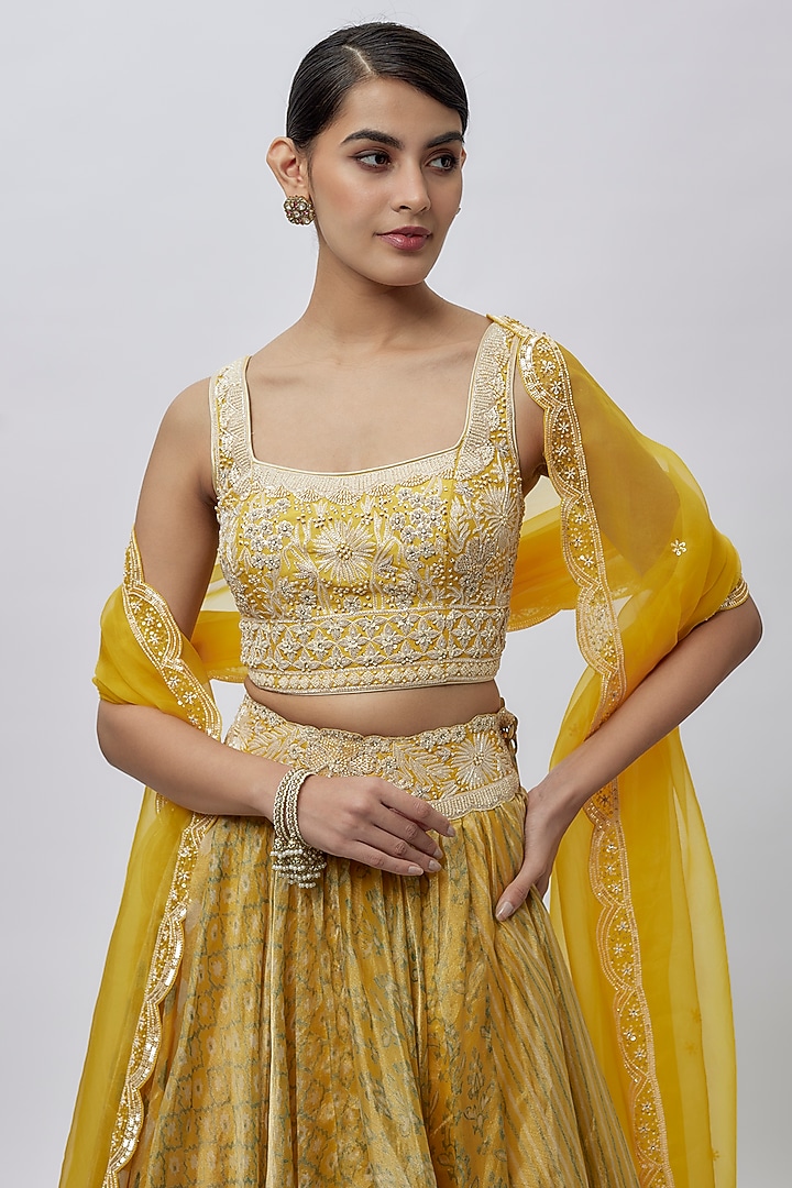 Yellow Tissue Organza Ajrakh Printed Wedding Lehenga Set by Prisha's at Pernia's Pop Up Shop