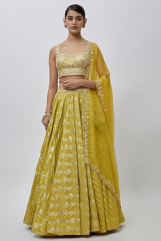 Green Banarasi Brocade Handwoven Work Lehenga Set by Prisha's