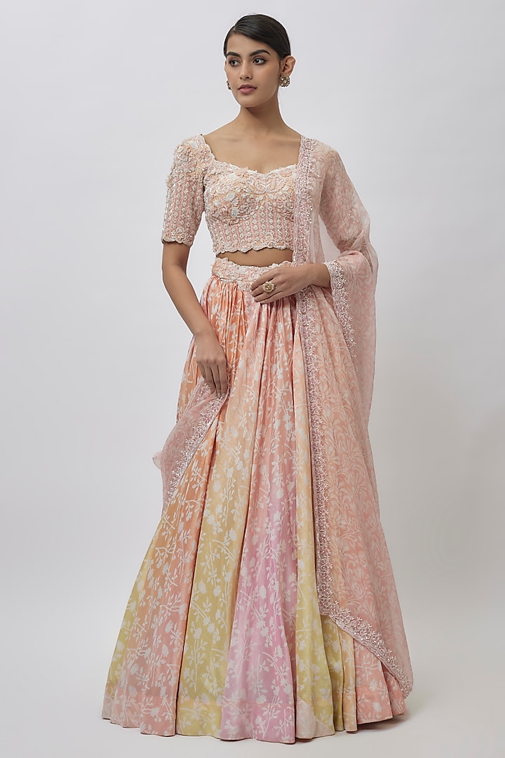 Pink Peach Kora Silk Block Printed Wedding Lehenga Set by Prisha's at Pernia's Pop Up Shop