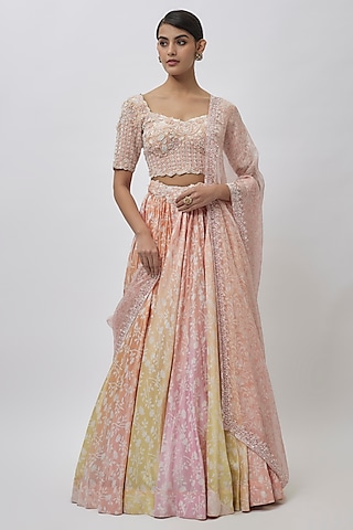 Pink Peach Kora Silk Block Printed Lehenga Set by Prisha's