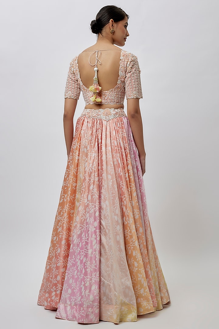 Pink Peach Kora Silk Block Printed Wedding Lehenga Set by Prisha's at Pernia's Pop Up Shop