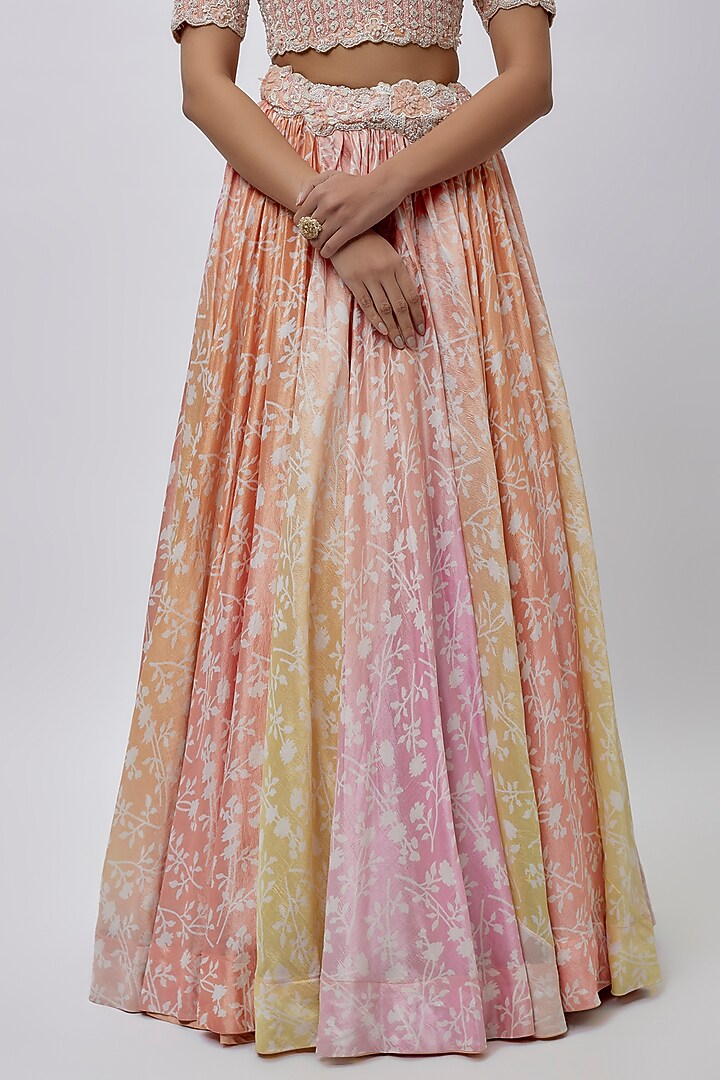 Pink Peach Kora Silk Block Printed Wedding Lehenga Set by Prisha's at Pernia's Pop Up Shop
