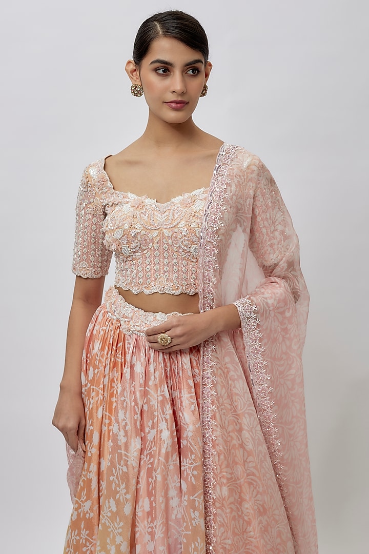Pink Peach Kora Silk Block Printed Wedding Lehenga Set by Prisha's at Pernia's Pop Up Shop