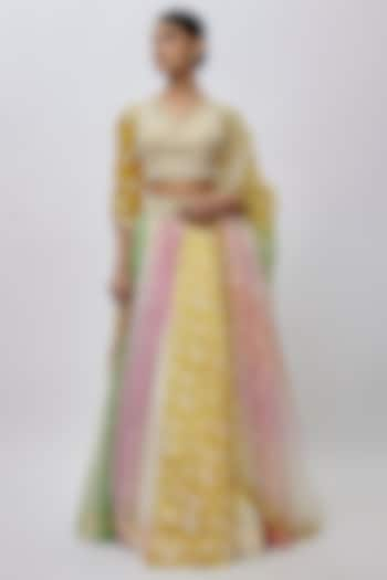 Multi-Colored Kora Silk Block Printed Wedding Lehenga Set by Prisha's at Pernia's Pop Up Shop