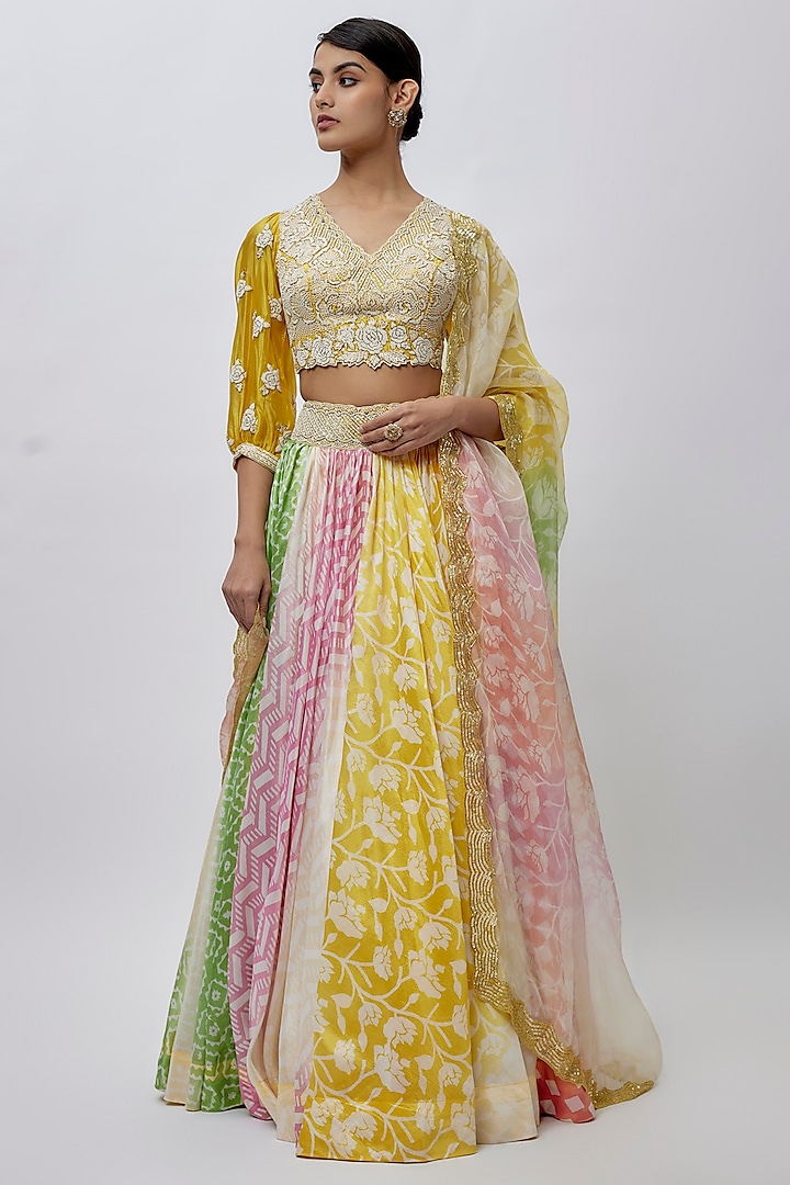 Multi-Colored Kora Silk Block Printed Wedding Lehenga Set by Prisha's at Pernia's Pop Up Shop