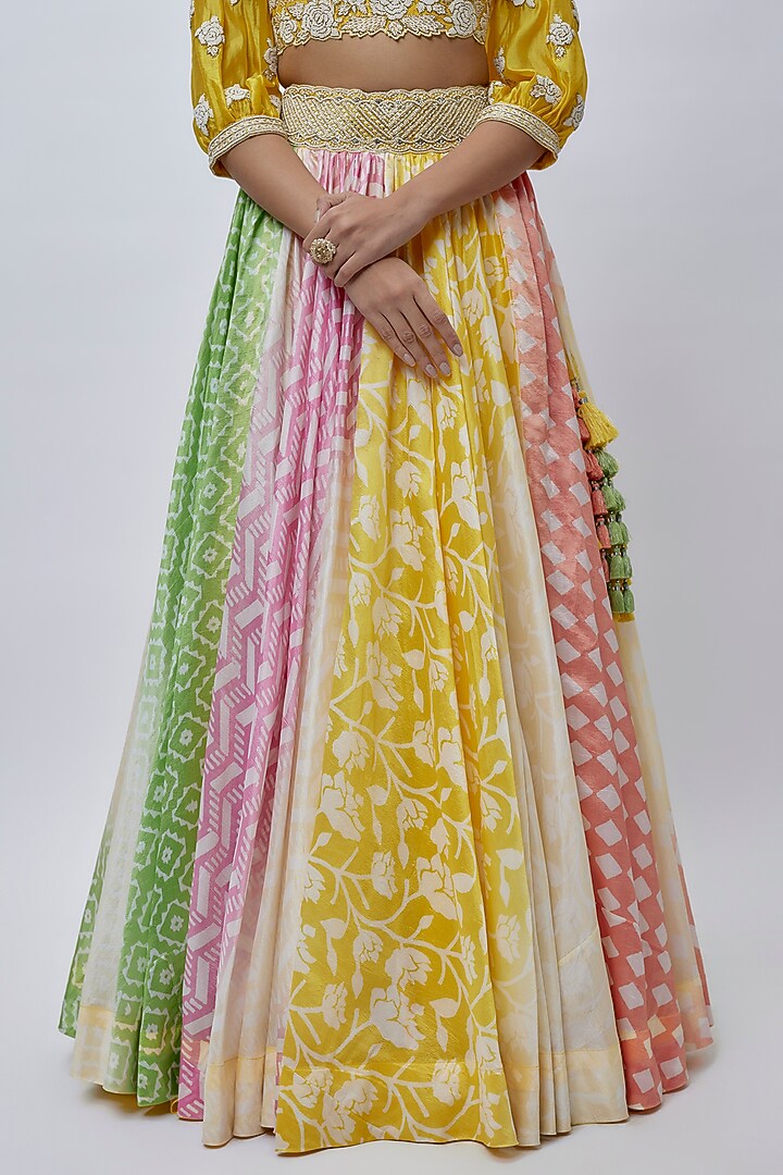 Multi-Colored Kora Silk Block Printed Wedding Lehenga Set by Prisha's at Pernia's Pop Up Shop