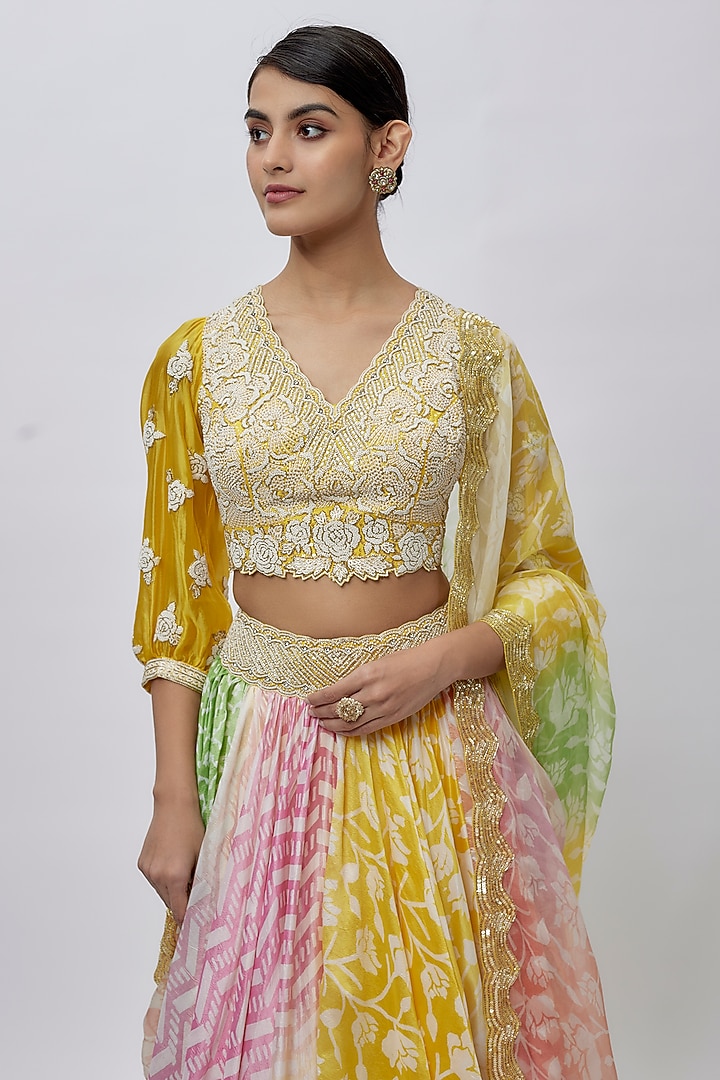 Multi-Colored Kora Silk Block Printed Wedding Lehenga Set by Prisha's at Pernia's Pop Up Shop