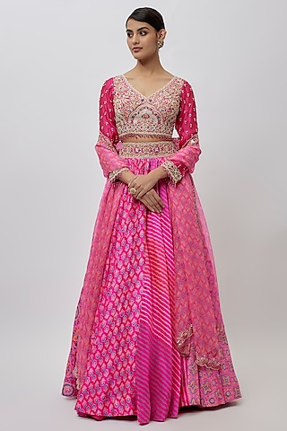 Pink Kora Silk Ajrakh Block Printed Lehenga Set by Prisha's