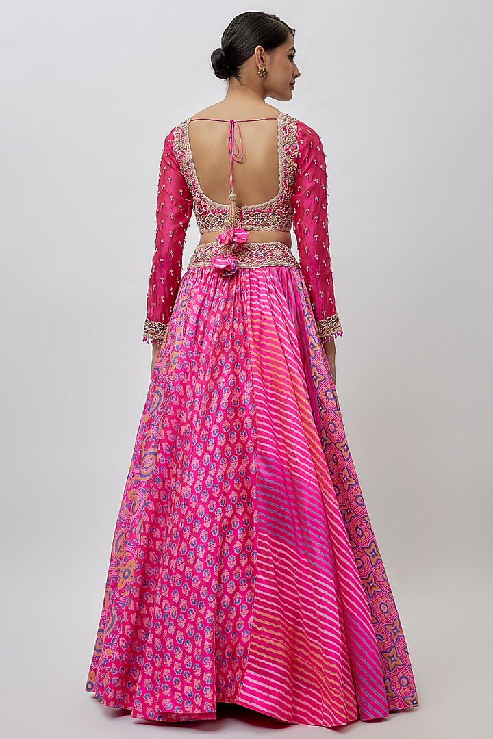 Pink Kora Silk Ajrakh Block Printed Wedding Lehenga Set by Prisha's at Pernia's Pop Up Shop