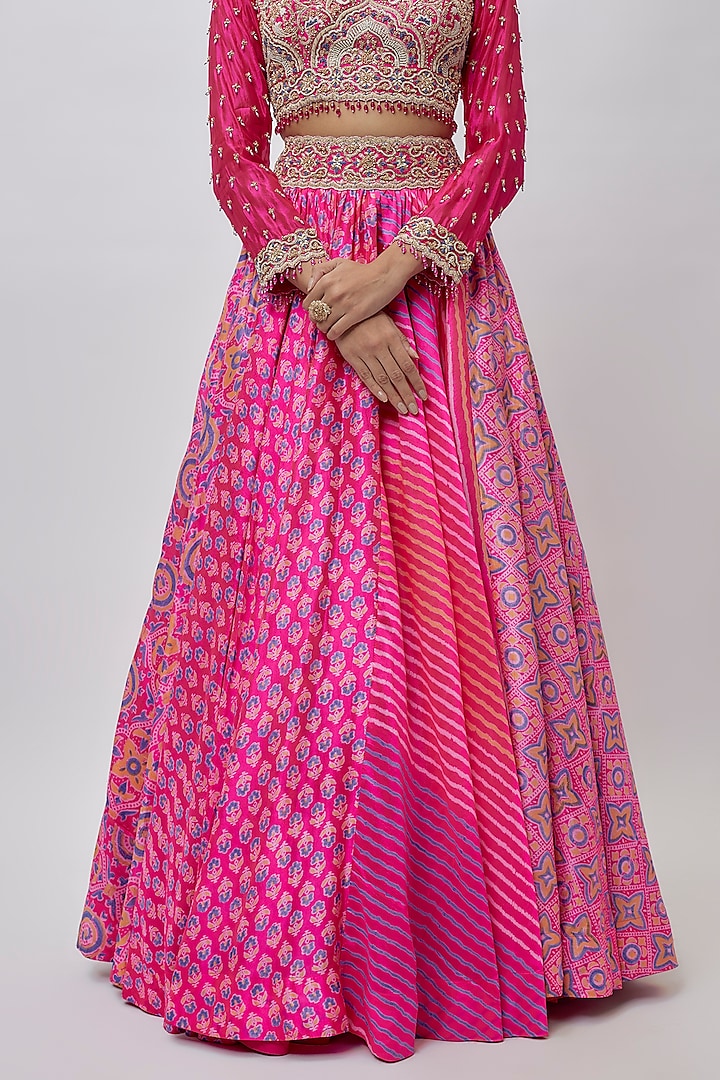 Pink Kora Silk Ajrakh Block Printed Wedding Lehenga Set by Prisha's at Pernia's Pop Up Shop