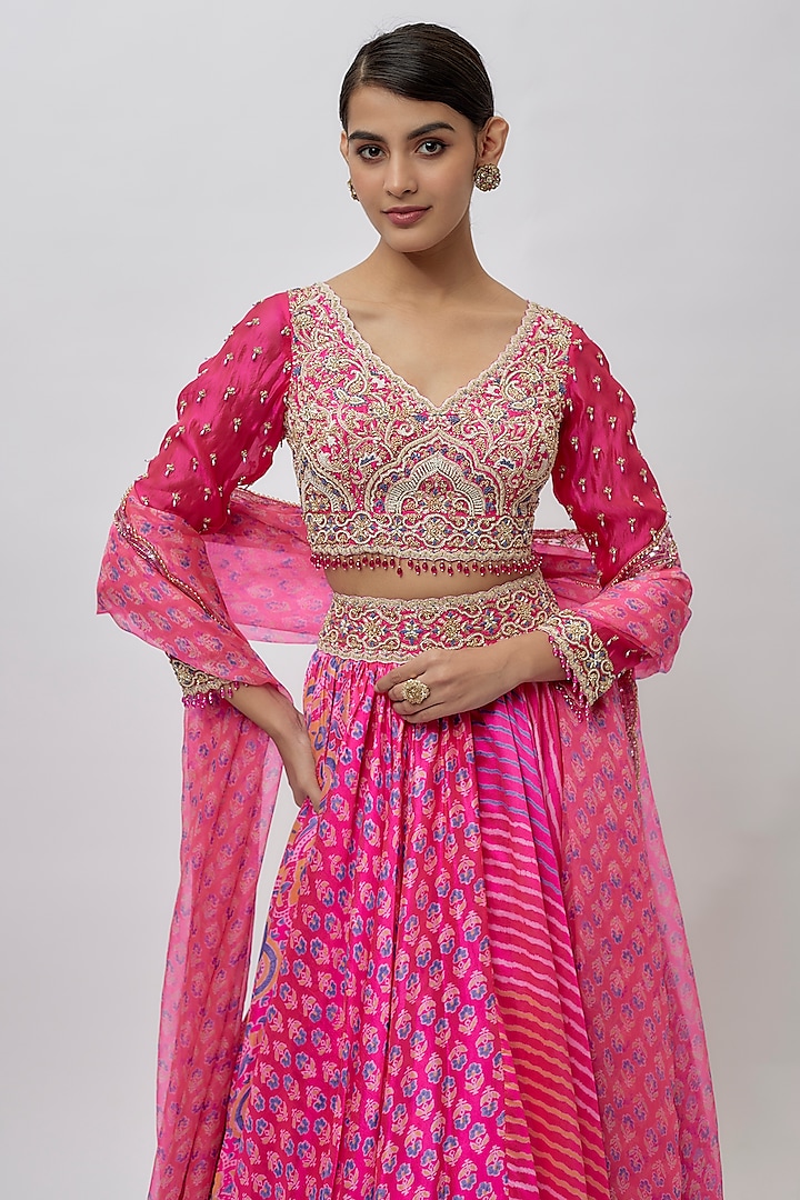 Pink Kora Silk Ajrakh Block Printed Wedding Lehenga Set by Prisha's at Pernia's Pop Up Shop