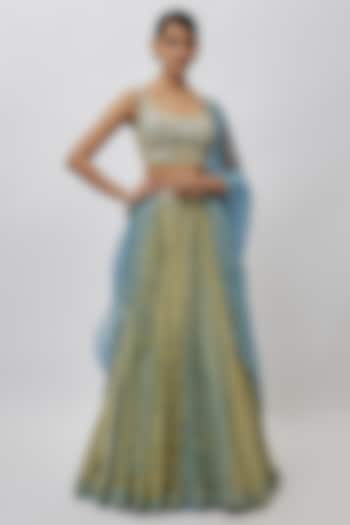 Yellow & Blue Tissue Organza Ajrakh Printed Wedding Lehenga Set by Prisha's at Pernia's Pop Up Shop