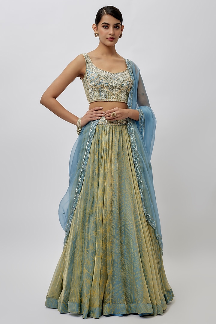 Yellow & Blue Tissue Organza Ajrakh Printed Wedding Lehenga Set by Prisha's at Pernia's Pop Up Shop