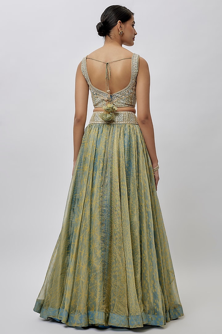 Yellow & Blue Tissue Organza Ajrakh Printed Wedding Lehenga Set by Prisha's at Pernia's Pop Up Shop