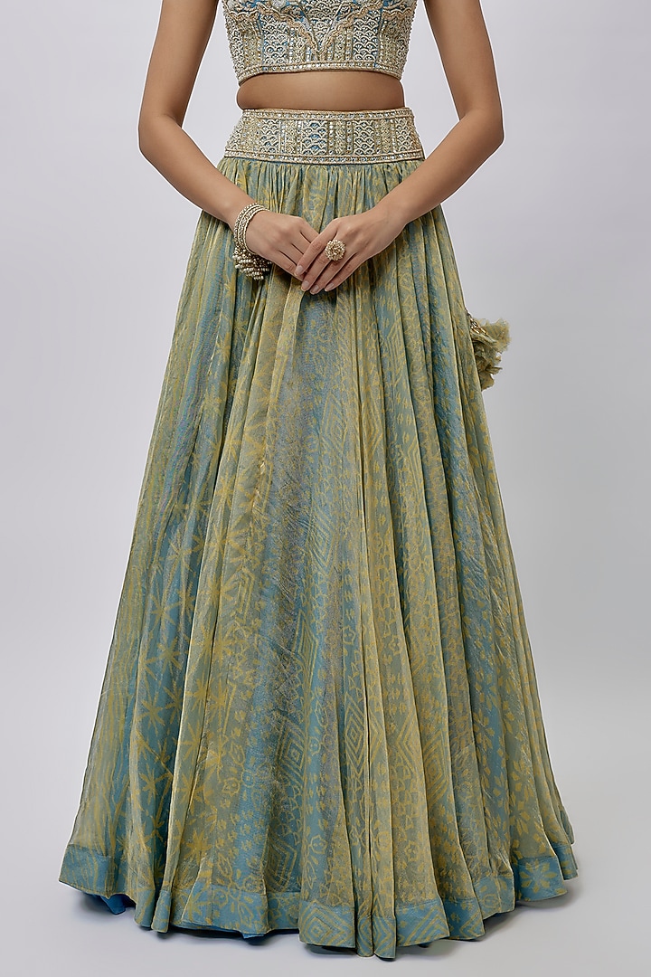 Yellow & Blue Tissue Organza Ajrakh Printed Wedding Lehenga Set by Prisha's at Pernia's Pop Up Shop