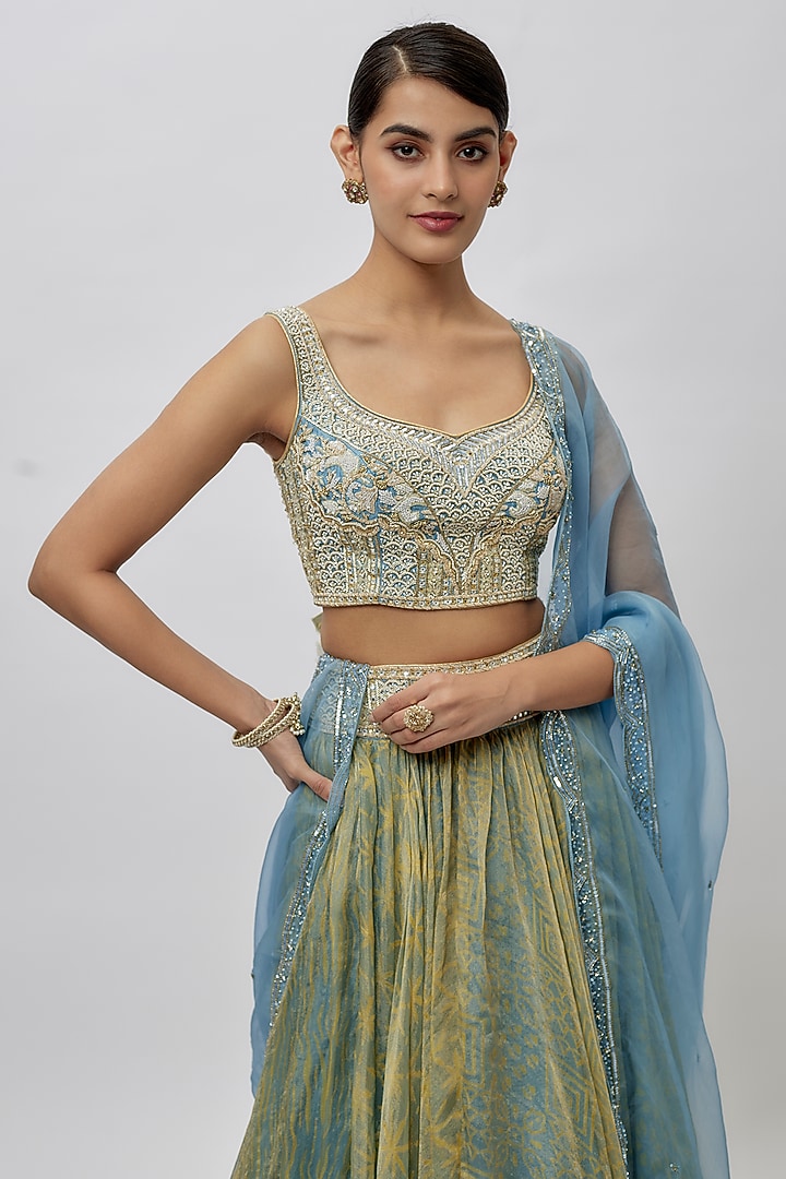 Yellow & Blue Tissue Organza Ajrakh Printed Wedding Lehenga Set by Prisha's at Pernia's Pop Up Shop