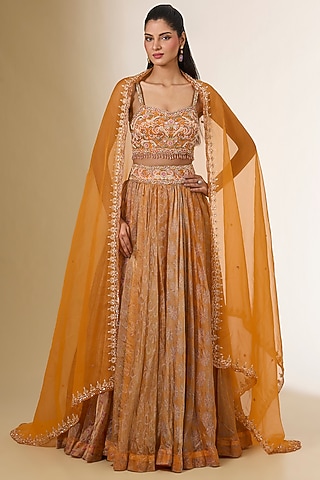 Orange Tissue Organza Printed Lehenga Set by Prisha's