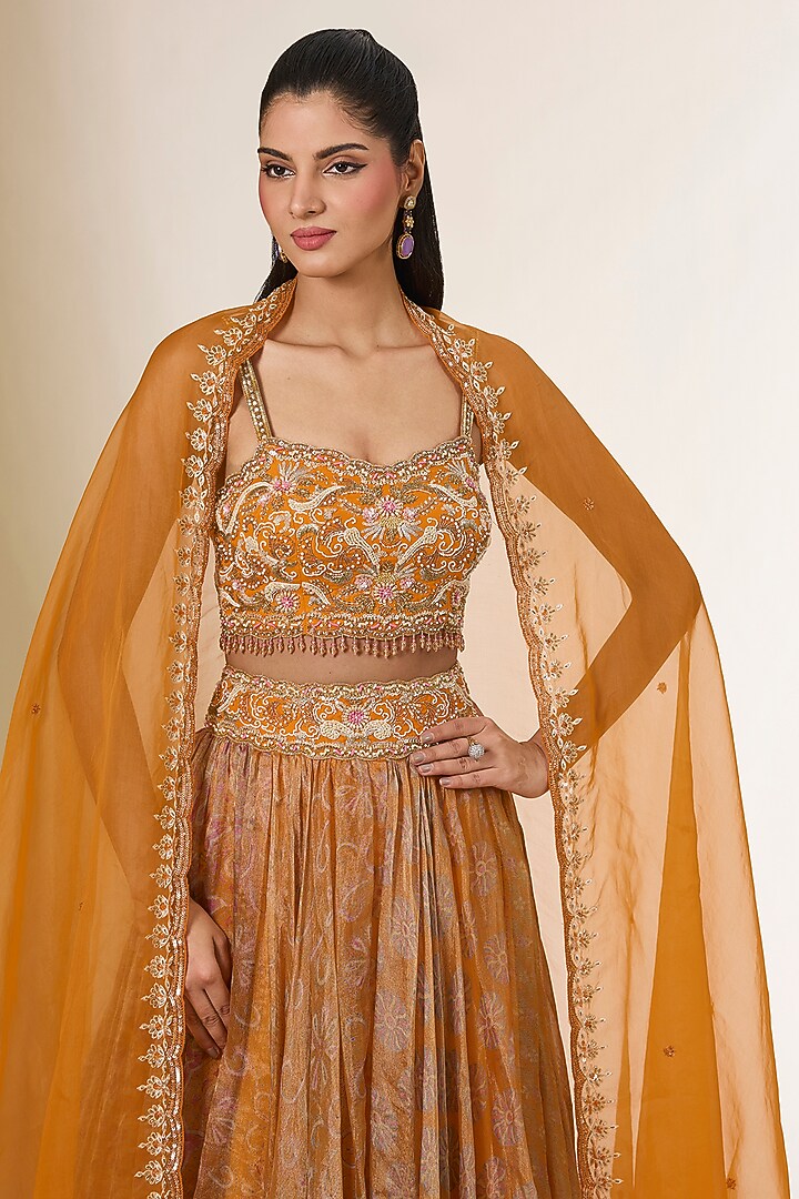 Orange Tissue Organza Printed Wedding Lehenga Set by Prisha's at Pernia's Pop Up Shop