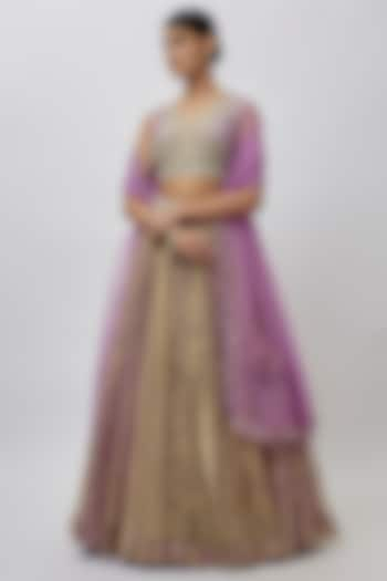 Purple & Green Tissue Organza Ajrakh Printed Wedding Lehenga Set by Prisha's at Pernia's Pop Up Shop