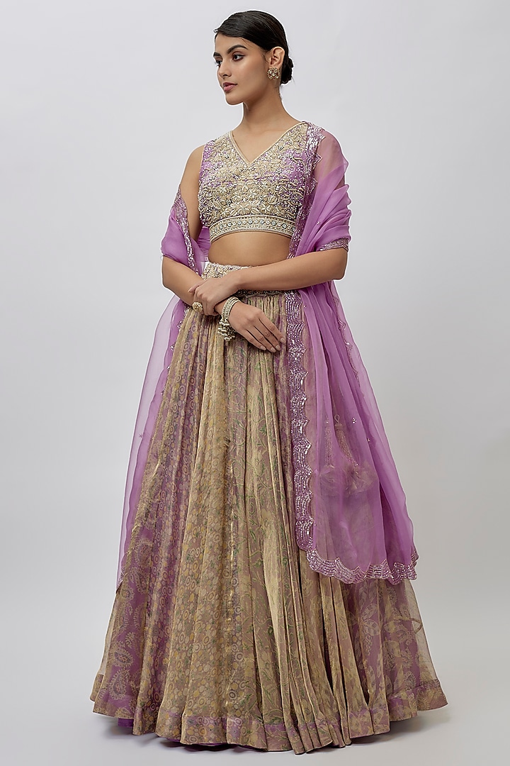 Purple & Green Tissue Organza Ajrakh Printed Wedding Lehenga Set by Prisha's at Pernia's Pop Up Shop