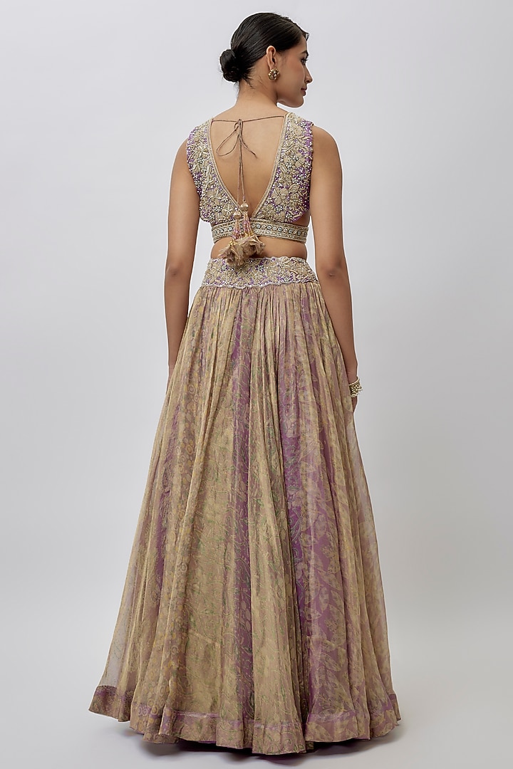 Purple & Green Tissue Organza Ajrakh Printed Wedding Lehenga Set by Prisha's at Pernia's Pop Up Shop