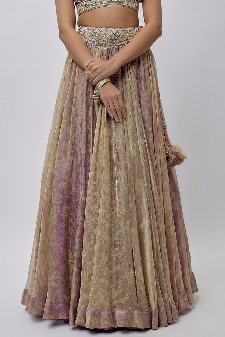 Purple & Green Tissue Organza Ajrakh Printed Wedding Lehenga Set by Prisha's at Pernia's Pop Up Shop
