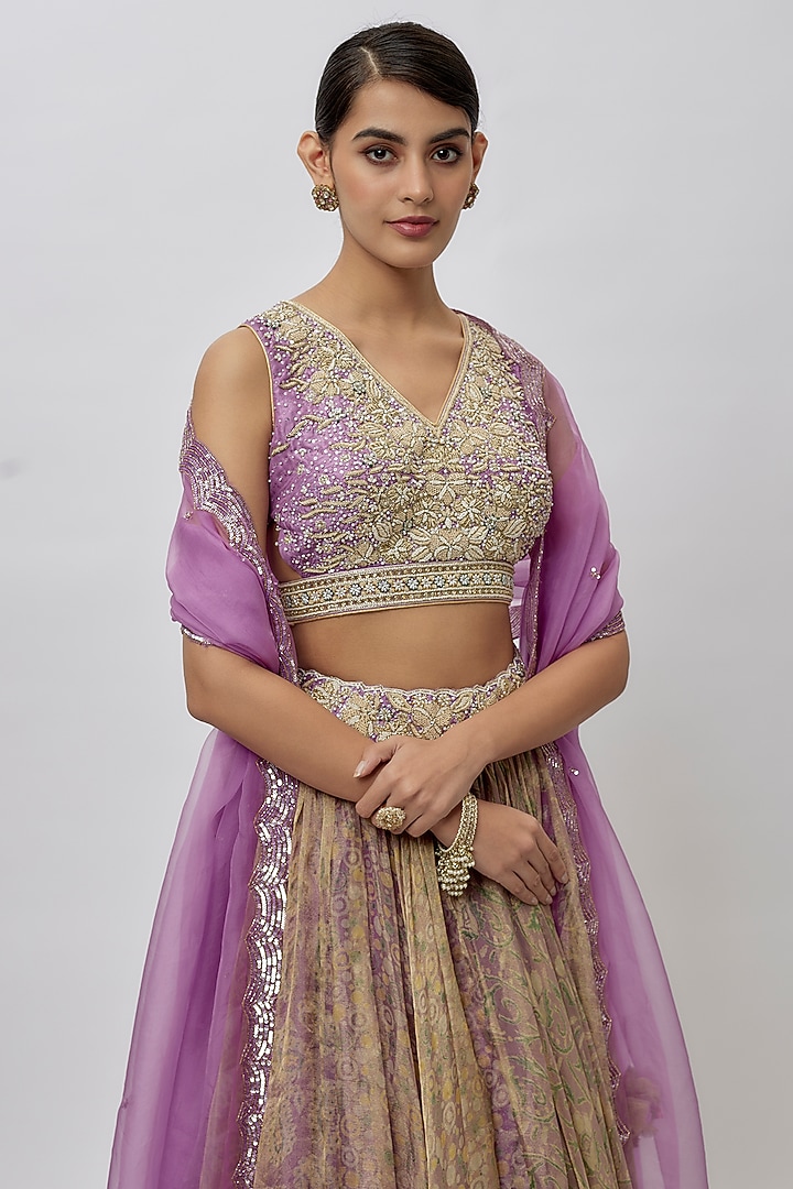 Purple & Green Tissue Organza Ajrakh Printed Wedding Lehenga Set by Prisha's at Pernia's Pop Up Shop