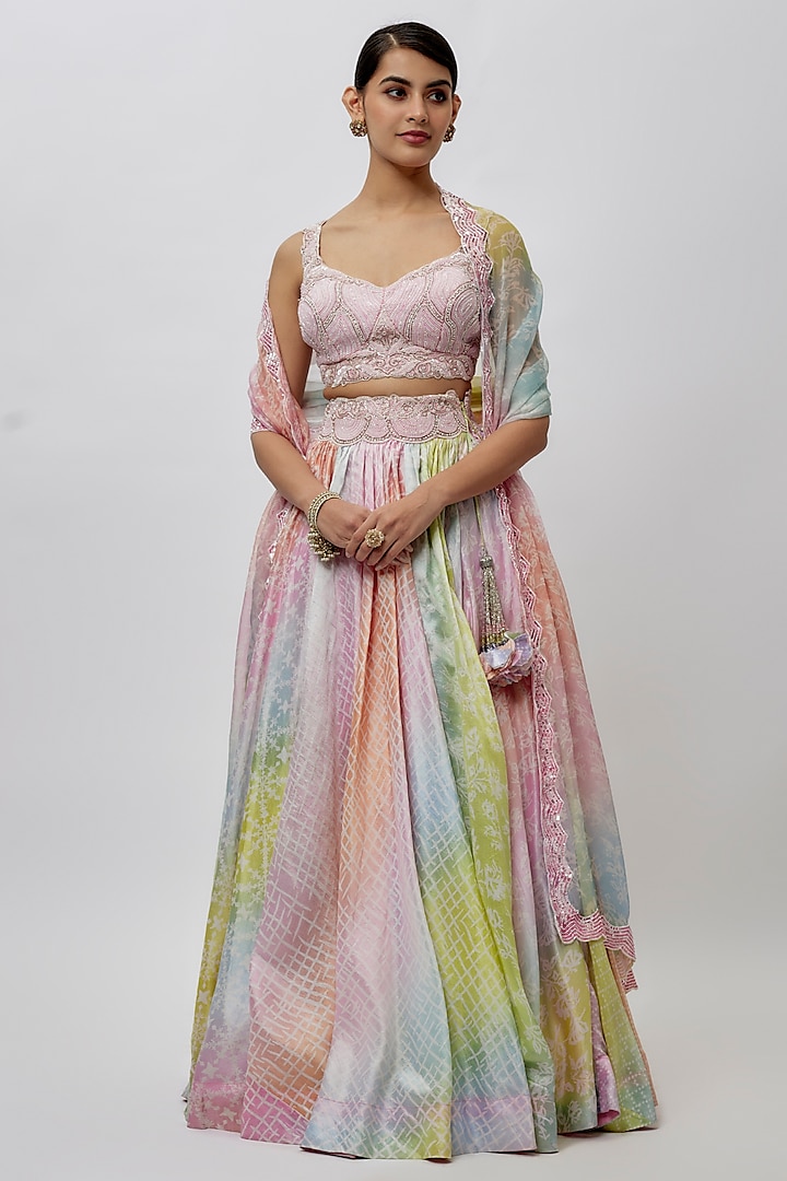 Multi-Colored Kora Silk Block Printed Wedding Lehenga Set by Prisha's at Pernia's Pop Up Shop