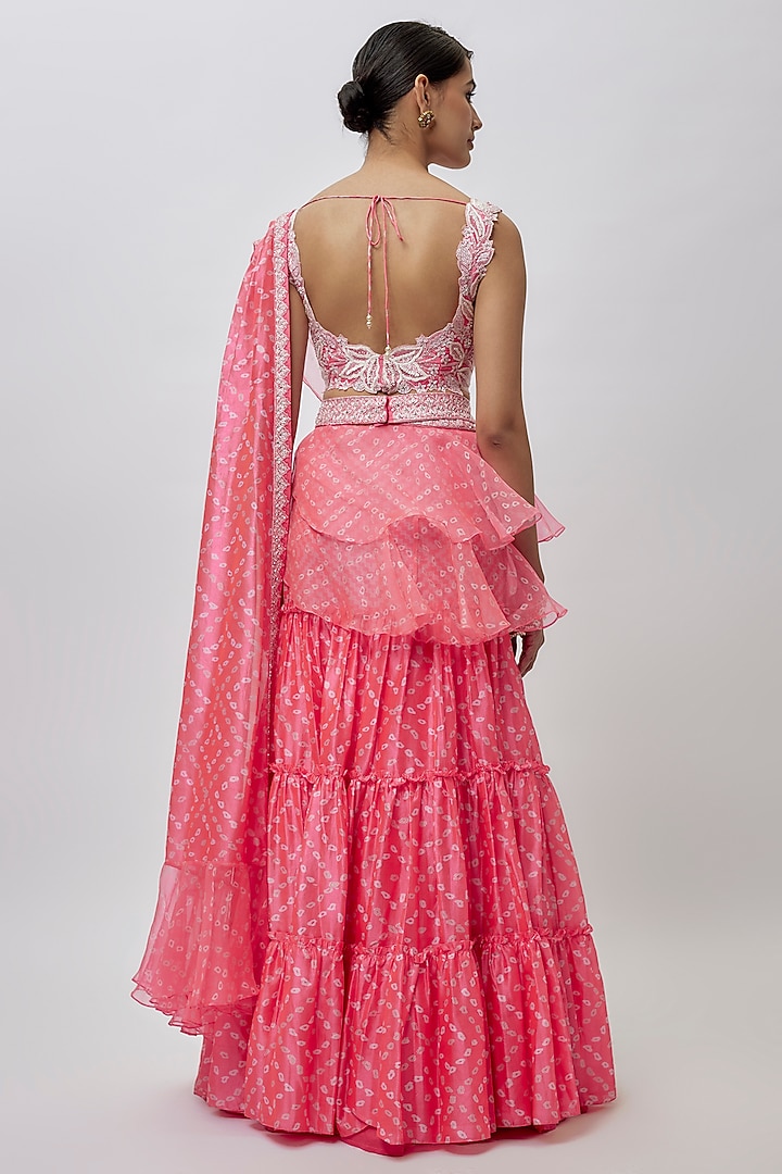 Pink Kora Silk Bandhani Printed Draped Reception Saree Set by Prisha's at Pernia's Pop Up Shop