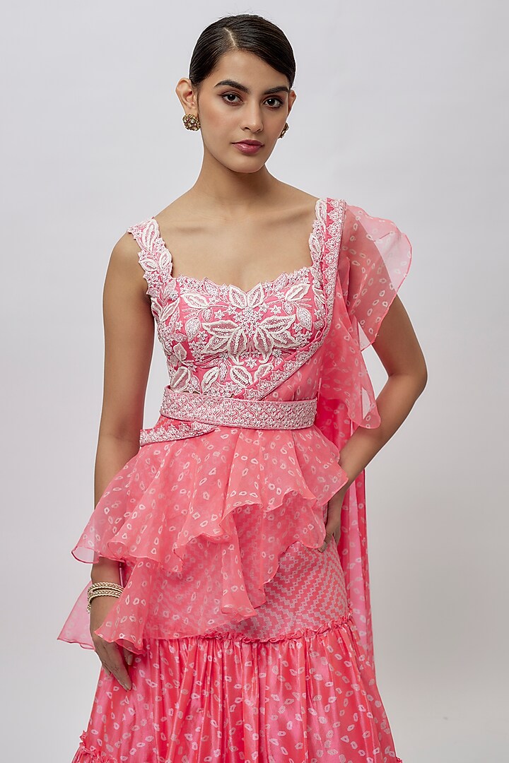 Pink Kora Silk Bandhani Printed Draped Reception Saree Set by Prisha's at Pernia's Pop Up Shop