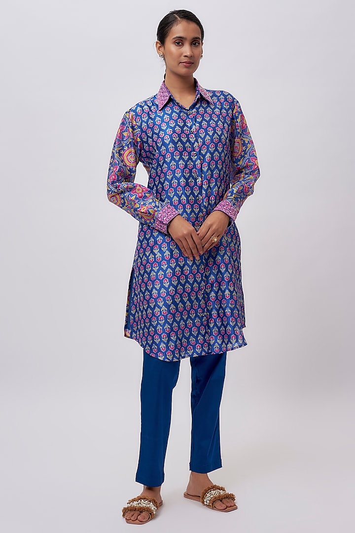 Blue Kora Silk Ajrakh Printed & Floral Embroidered Co-Ord Set by Prisha's at Pernia's Pop Up Shop