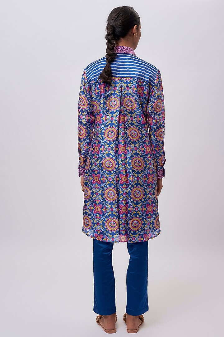 Blue Kora Silk Ajrakh Printed & Floral Embroidered Co-Ord Set by Prisha's at Pernia's Pop Up Shop