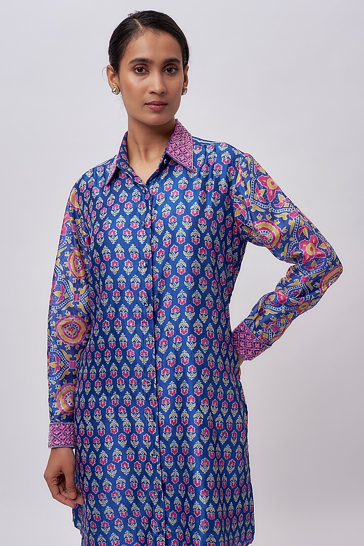 Blue Kora Silk Ajrakh Printed & Floral Embroidered Co-Ord Set by Prisha's at Pernia's Pop Up Shop