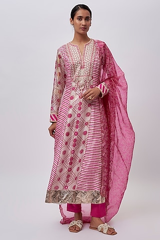 Fuschia Pink Kora Silk Bandhani Printed & Embroidered Kurta Set by Prisha's