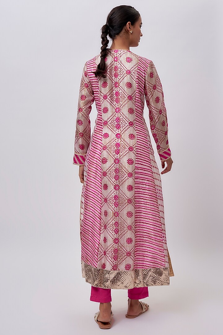 Fuschia Pink Kora Silk Bandhani Printed & Embroidered Kurta Set by Prisha's at Pernia's Pop Up Shop
