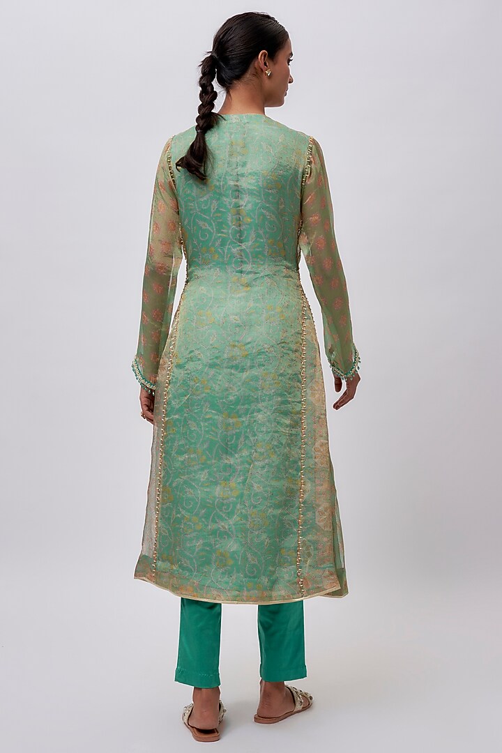 Light Firozi Tissue Organza Printed & Embroidered Kalidar Kurta Set by Prisha's at Pernia's Pop Up Shop