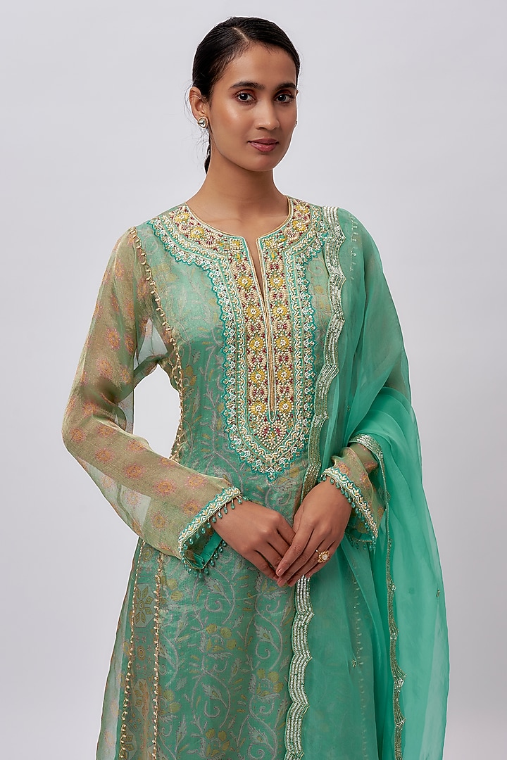 Light Firozi Tissue Organza Printed & Embroidered Kalidar Kurta Set by Prisha's at Pernia's Pop Up Shop