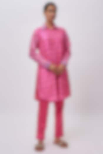 Pink Kora Silk Ajrakh Print & Floral Embroidered Co-Ord Set by Prisha's at Pernia's Pop Up Shop